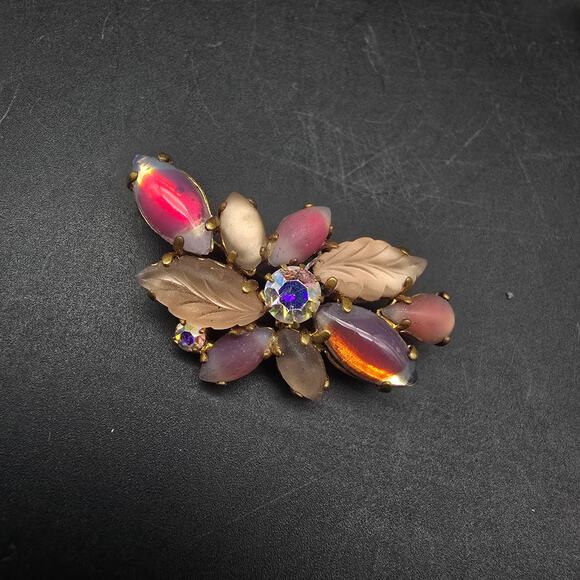 Pink Rhinestone Satin Glass Brooch Givre Vintage Glam Costume Jewelry - Picture 2 of 8